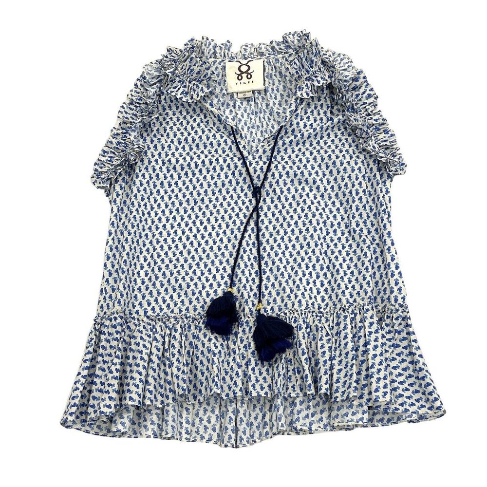 Figue Fabiana Blouse Top Ruched Size S Blue & White Floral Sleeveless Tassels